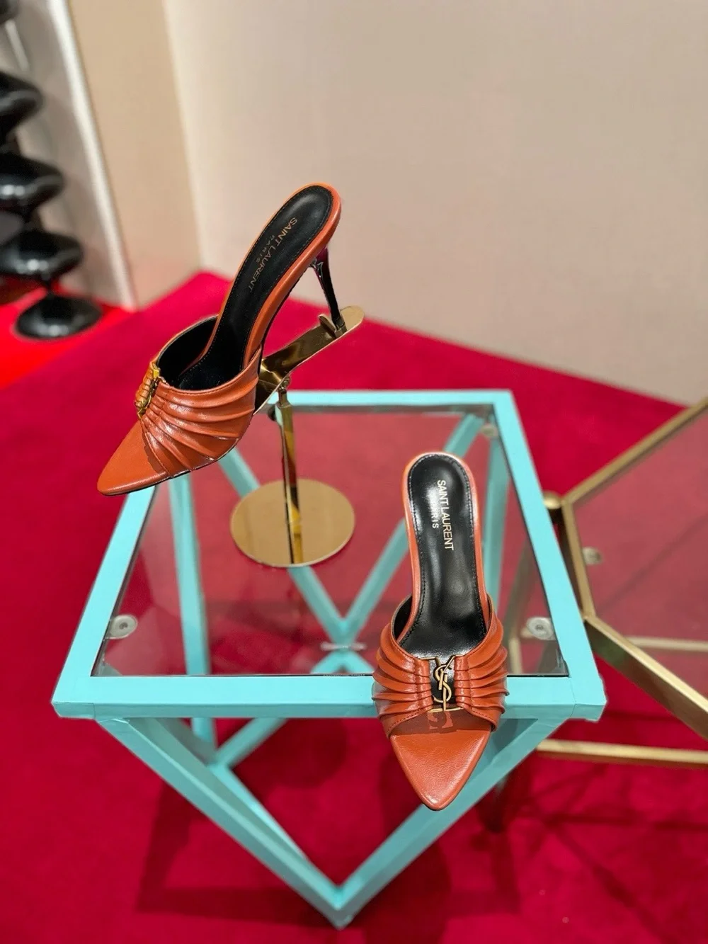 Saint Laurent Tan Leather Ruched Slide Heels with Gold YSL Accent